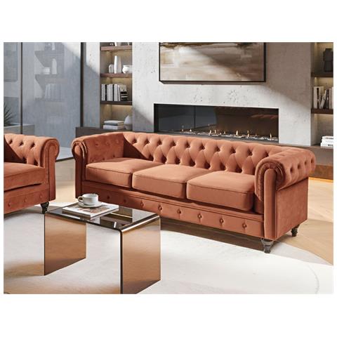 Divano 3 Posti Chesterfield Velluto Marrone Dorato - Foto 1