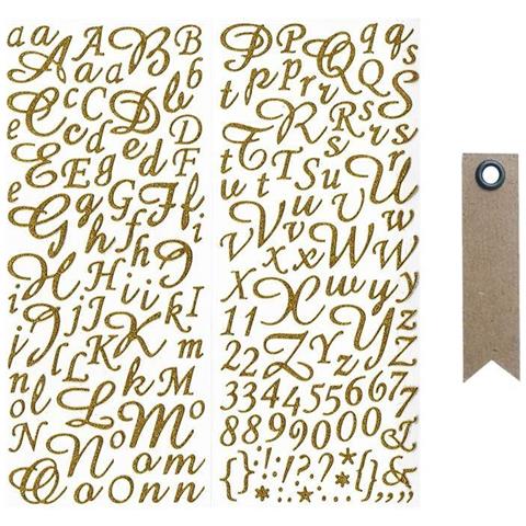 Adesivi Alfabete E Figure Dorate Con Glitter + 20 Etichette Kraft Con Gagliardetto - Foto 1