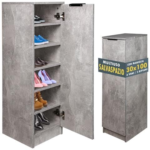 Scarpiera Mobiletto Multiuso In Legno Cemento Mobile Porta Scarpe 30x35x100 Cm - Foto 1