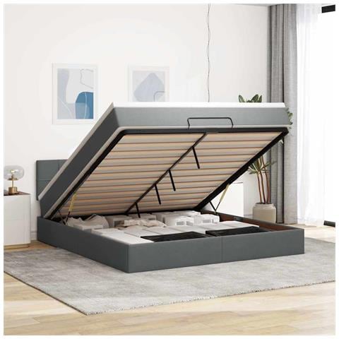 Pouf Letto Con Materasso E Led Grigio Scuro 180x200cm Tessuto - Foto 1