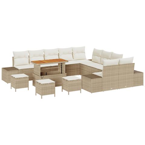 Set da giardino  da 14 pezzi con cuscini beige in polyrattan, Divano da giardino a 2 posti  con cuscini beige in polyrattan, Set da pranzo da giardino  da 4 pezzi con cuscini beige in polyrattan - Foto 1