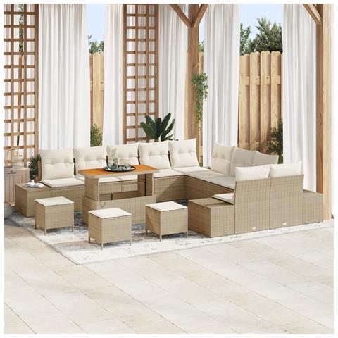 Set da giardino  da 14 pezzi con cuscini beige in polyrattan, Divano da giardino a 2 posti  con cuscini beige in polyrattan, Set da pranzo da giardino  da 4 pezzi con cuscini beige in polyrattan - Foto 2