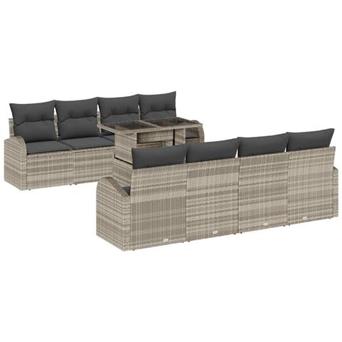 Set divano da giardino 9 pezzi con cuscini grigio chiaro in polyrattan - Foto 1