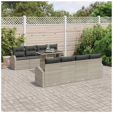 Set divano da giardino 9 pezzi con cuscini grigio chiaro in polyrattan - Foto 2