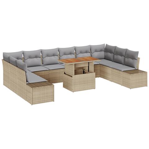 Set da pranzo da giardino 11 pezzi con cuscini beige in rattan e acacia - Foto 1
