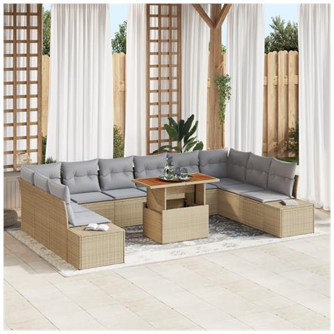 Set da pranzo da giardino 11 pezzi con cuscini beige in rattan e acacia - Foto 2