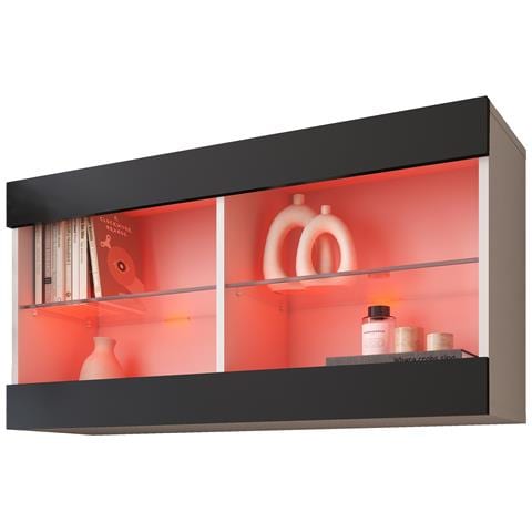 Komodee Tivoli Horizontal 100 Vetrina Sospesa, Bianco/nero, Illuminazione Led Multicolore Rgb, Larghezza 100 Cm X Altezza 50 Cm X Profondità 29 Cm, Per Soggiorno, Sala Da Pranzo - Foto 3