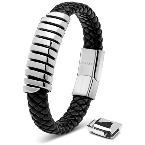 Bracciale in Pelle per Uomo, ""Helix"", 23cm, Argento - Foto 1