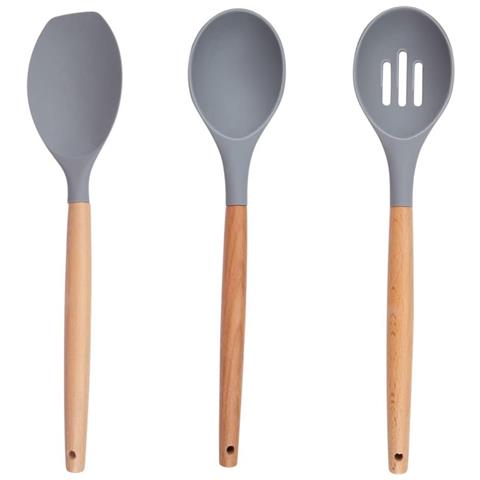 Set Utensili Da Cucina Grigio E Supporto 12 Pezzi Utensili Silicone Manico Legno - Foto 2