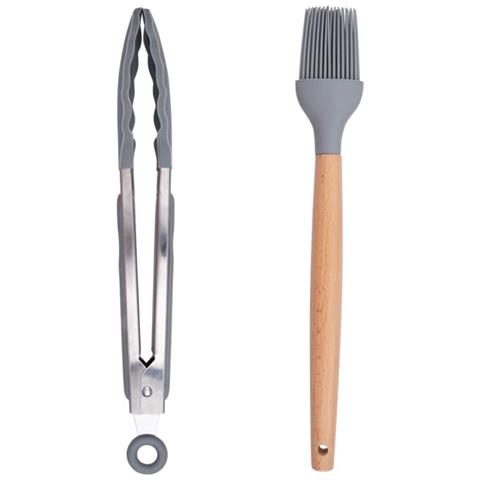 Set Utensili Da Cucina Grigio E Supporto 12 Pezzi Utensili Silicone Manico Legno - Foto 5