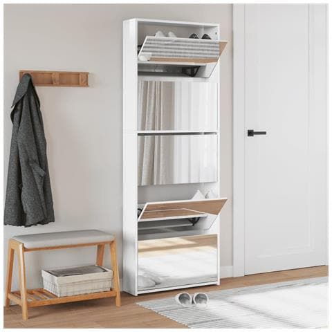 Scarpiera Con Specchio A 5 Livelli Bianco Lucido 63x17x169,5 Cm - Foto 3