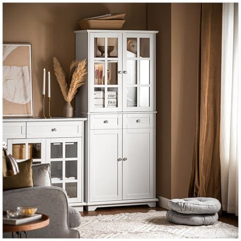 Credenza Alta Per Cucina, Mobile Buffet In Legno, Armadio Dispensa In Stile Moderno Bianco Fsb76-w - Foto 5