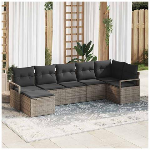 Set da giardino  da 7 pezzi con cuscini grigio rattan sintetico, Divano da giardino  da 2 posti con cuscini grigio rattan sintetico - Foto 2