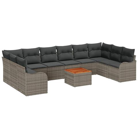 Set di divani da giardino  11 pezzi con cuscini grigi in polyrattan acacia, Divano da giardino a 2 posti  con cuscini grigi in polyrattan - Foto 1