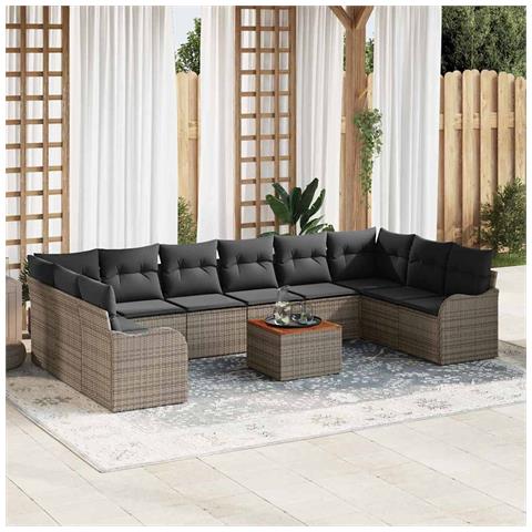 Set di divani da giardino  11 pezzi con cuscini grigi in polyrattan acacia, Divano da giardino a 2 posti  con cuscini grigi in polyrattan - Foto 2