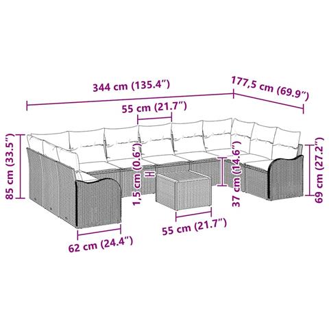 Set di divani da giardino  11 pezzi con cuscini grigi in polyrattan acacia, Divano da giardino a 2 posti  con cuscini grigi in polyrattan - Foto 9
