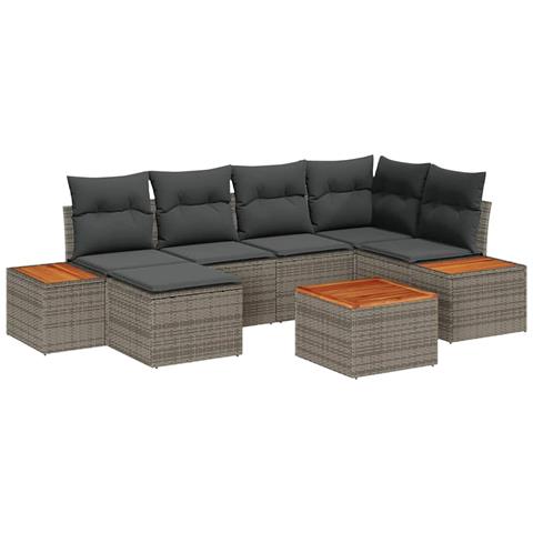 Set di Divano da Giardino a 7 Pezzi con Cuscini Grigio in Rattan Sintetico e Acacia - Foto 1