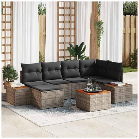 Set di Divano da Giardino a 7 Pezzi con Cuscini Grigio in Rattan Sintetico e Acacia - Foto 2