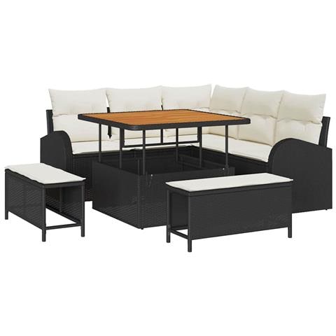 Set divani giardino con cuscini  8 pezzi rattan sintetico nero e legno acacia, Divano giardino con cuscini 2 posti  rattan sintetico nero, Set pranzo giardino con cuscini  3 pezzi rattan sintetico nero e legno acacia - Foto 1