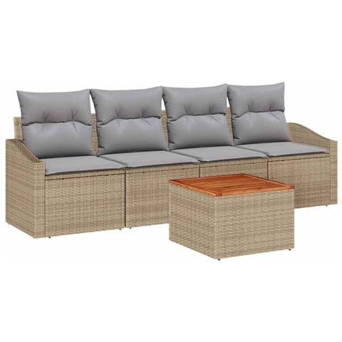 Set Divano da Giardino 5 Pezzi con Cuscini Beige in Polyrattan Acacia - Foto 1