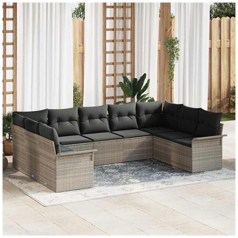 Set Divano da Giardino 9 Pezzi con Cuscini Grigio Chiaro in Polyrattan, Divano da Giardino 2 Posti con Ripostiglio e Cuscini Grigio Chiaro in Polyrattan - Foto 2