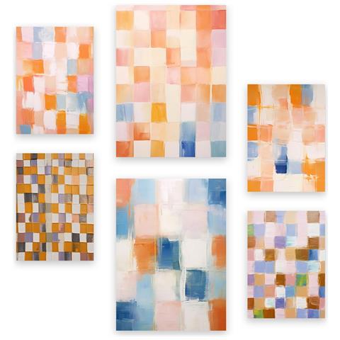 Set Di 6 Stampe Mosaico Arancione E Blu 2 In Dipinti Decorativi Estetici Astratti Per Il Tuo Soggiorno, Camera Da Letto, Casa A3 & A4 Senza Cornice - Foto 1