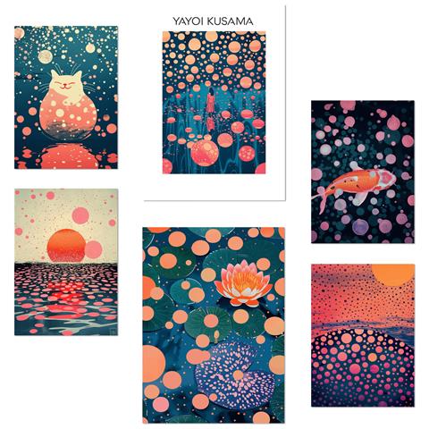 Set Di 6 Stampe Yayoi Kusama Tramonto Acqua Blu Arancione Rosso Viola Colori Janapise Con Illustrazioni Di Design Per La Casa A3 & A4 Senza Cornice - Foto 1