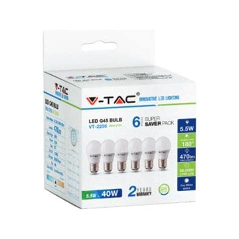 Kit Super Saver Pack V-tac Vt-2256 6pcs / pack Lampadine Mini Globo Led Smd G45 5,5w E27 Bianco Caldo 2700k - Sku 2730 - Foto 1