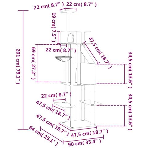 Albero Per Gatti Con Tiragraffi In Sisal Grigio Scuro 201 Cm - Foto 6
