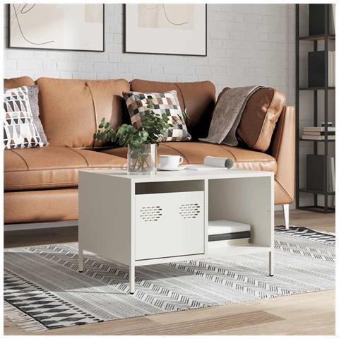 Tavolino Bianco 68,5x50x43,5 Cm In Acciaio Laminato A Freddo - Foto 3