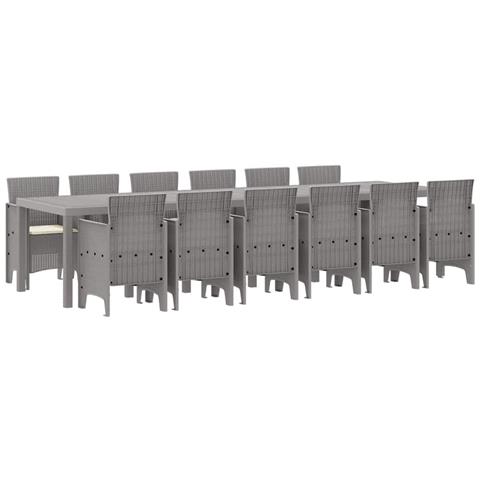 Set pranzo da giardino 13 pezzi con cuscini in polyrattan grigio chiaro, Tavolo giardino grigio chiaro 200x100x73 cm in polyrattan, Tavolo giardino grigio chiaro 150x100x73 cm in polyrattan, Sedie giardino con cuscini 4 pz in polyrattan grigio chiaro - Foto 1