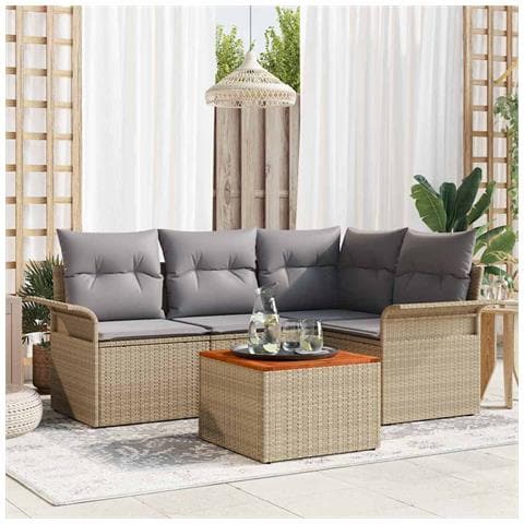 Set divano da giardino 5 pezzi con cuscini beige in polyrattan acacia - Foto 2