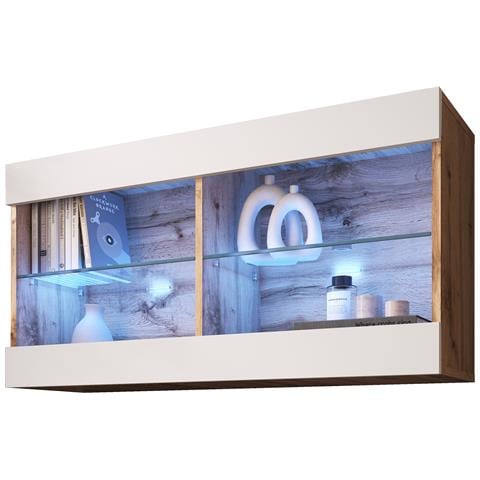 Komodee Tivoli Horizontal 100 Vetrina Sospesa, Rovere Wotan/bianco, Illuminazione Led Blu, Larghezza 100 Cm X Altezza 50 Cm X Profondità 29 Cm, Per Soggiorno, Sala Da Pranzo - Foto 3