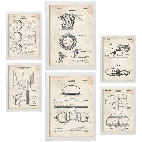 Set Di 6 Stampe Poster Con Brevetti Di Basket Poster Con Immagini Di Brevetti Retrò Design D'interni In Stile Vintage A3 & A4 Cornice Bianca - Foto 1