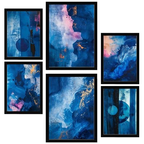 Set Di 6 Stampe Colori Astratti Blu Ciano Rosa Forme Incorniciate Con Illustrazioni Di Design Per La Casa Negozio Pittura A3 & A4 Cornice Nera - Foto 1