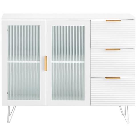 Credenza Con Vetrina 2 Ante | 2 Cassetti + Armadietto | Legno Robusto Bianco | Per Sala Da Pranzo - Foto 9