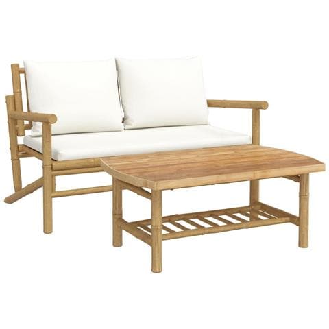 Set Salotto Da Giardino 2pz Con Cuscini Bianco Crema In Bambù - Foto 1
