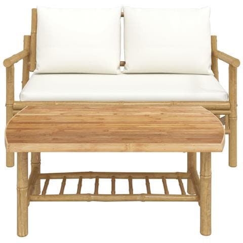 Set Salotto Da Giardino 2pz Con Cuscini Bianco Crema In Bambù - Foto 2
