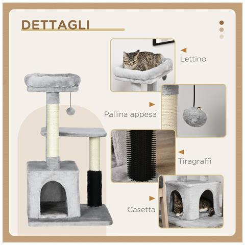 Albero Tiragraffi Per Gatti Multilivello Con Lettino E Casetta, Rivestimento In Peluche, Grigio - Foto 6