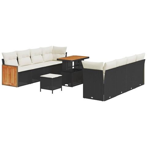 Set Divani Giardino con Cuscini 11 Pezzi Nero in Rattan Polietilene e Acacia, Set Pranzo Giardino con Cuscini 3 Pezzi Nero in Rattan Polietilene e Acacia - Foto 1