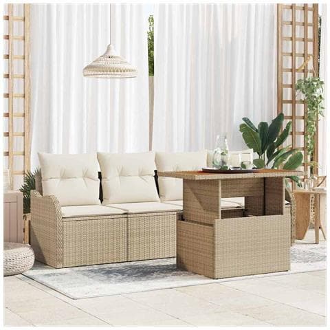 Set divano da giardino 5 pezzi con cuscini beige in polyrattan e acacia,  Divano a 2 posti da giardino con cuscini beige in polyrattan - Foto 2