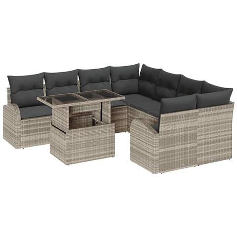 Set Divano da Giardino 9 Pezzi con Cuscini Grigio Chiaro in Rattan Polimerico, Divano da Giardino 2 Posti con Storage & Cuscini Grigio Chiaro in Rattan Polimerico - Foto 1