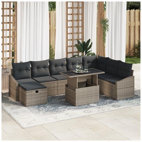 Set Divano da Giardino 9 Pezzi con Cuscini Grigio Polirattan - Foto 2