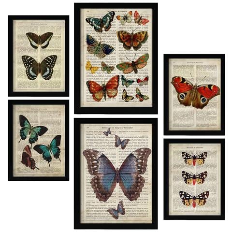Set Di 6 Stampe Poster In Stile Cartaceo Vintage Con Farfalle E Sfondi Enciclopedici, Design D'interni Con Farfalle Colorate A3 & A4 Senza Cornice - Foto 1
