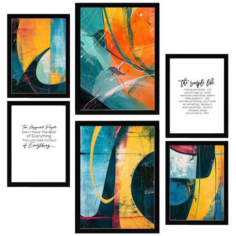 Set Di 6 Stampe Colori Astratti, Giallo, Arancione, Blu, Forme Incorniciate Con Illustrazioni Di Design Per La Casa, Negozio, Pittura A3 & A4 Cornice Nera - Foto 1