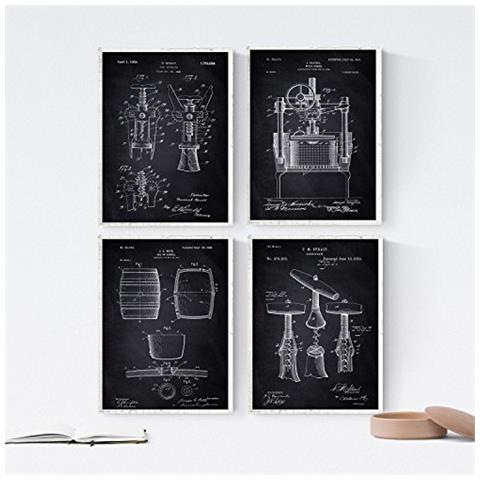 Set Di 4 Stampe Vintage Su Sfondo Nero Brevetti Botte Da Vino Macchinario Vendemmia Brevetti Invenzioni Xix Secolo E Vecchi Brevetti Senza Cornice A4 - Foto 1