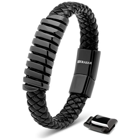 Bracciale in Pelle per Uomo, ""Helix"", 23cm, Nero - Foto 1