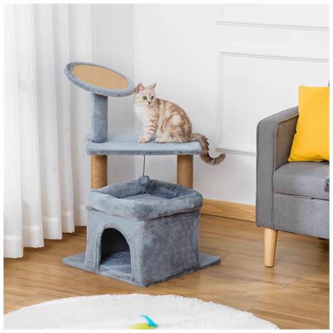 Tiragraffi Per Gatti Con Pali In Juta, Casetta E Cuscino, Rivestimento Peluche, Altezza 84cm, Grigio - Foto 2