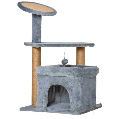 Tiragraffi Per Gatti Con Pali In Juta, Casetta E Cuscino, Rivestimento Peluche, Altezza 84cm, Grigio - Foto 1