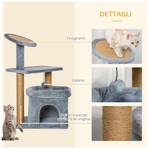 Tiragraffi Per Gatti Con Pali In Juta, Casetta E Cuscino, Rivestimento Peluche, Altezza 84cm, Grigio - Foto 6